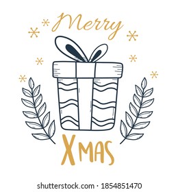 merry xmas gift box with bow and branches decoration vector illustration