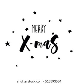 Merry X-mas greeting card. Black and white, hand drawn winter font for design cards, overlays, scrapbooks. Vector calligraphy sign