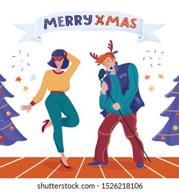 Merry Xmas greeting card design with big man wearing reindeer horns singing into microphone like rock music star, pretty woman in mask dancing, Christmas trees and text on ribbon, vector illustration