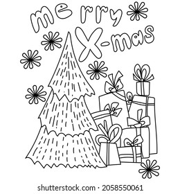Merry Xmas, Greeting card festive coloring page with christmas tree and gifts vector illustration