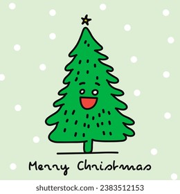 Merry Xmas greeting card with smiling cartoon Christmas tree. Flat design in doodle style. Festive square banner template. Vector illustration.