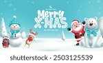 Merry xmas greeting card vector banner design. Christmas characters like santa claus, reindeer, snowman, polar bear and penguin in snow winter background. Vector illustration happy new year card 