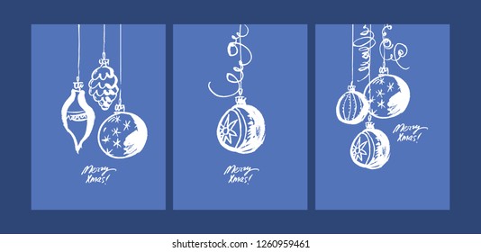 Merry Xmas greeting card vector template set. Hand drawn Christmas tree balls doodle sketch. White, blue hanging baubles on dark background. New Year poster, banner, wrapping paper, postcard design