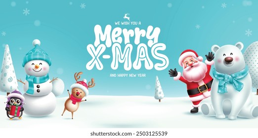 Merry xmas greeting card vector banner design. Christmas characters like santa claus, reindeer, snowman, polar bear and penguin in snow winter background. Vector illustration happy new year card 