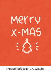 Merry X-Mas greeting card vintage red vector design with Christmas tree. Winter holiday wall art or gift bag print with lettering phrase.
