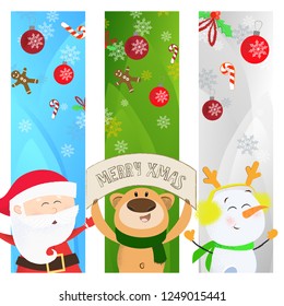 Merry Xmas greeting poster with cartoon heroes. Illustration of snowman, bear and Santa Claus on background with snowflakes, candy canes. Can be used for postcards, greeting cards, leaflets