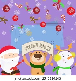 Merry Xmas greeting poster with cartoon heroes. Illustration of snowman, bear and Santa Claus on background with snowflakes, candy canes. Can be used for postcards, greeting cards, leaflets