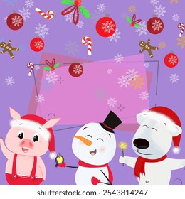 Merry Xmas greeting poster with cartoon trio. Illustration of snowman, polar bear and piglet. Can be used for postcards, greeting cards, leaflets