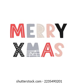 Merry xmas. Handwritten scandi style lettering isolated on white background. Vector scandinavian illustration for greeting cards, posters and much more.