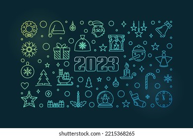 Merry Xmas and Happy 2023 New Year vector horizontal linear colorful banner or illustration on dark background