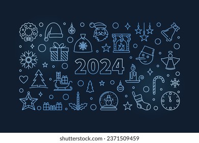 Merry Xmas and Happy 2024 New Year vector thin line horizontal blue Greeting Card with dark background