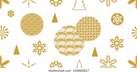 Merry Xmas and Happy Chinese New Year Background. Seamless pattern with ornate circles, snowflakes. Template for gift wrappings, cards, flyers. Winter design collection.