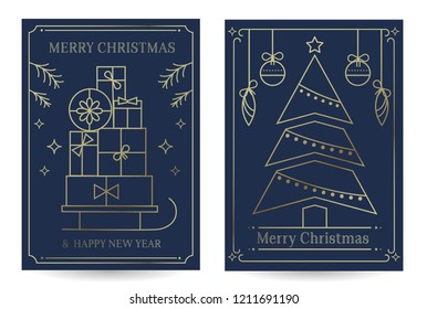 Merry Xmas and Happy New Year greeting card design template with Christmas tree, decorations, bunch of gifts and sleigh, vector illustration