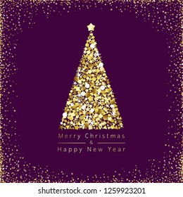 Merry xmas & and A Happy New Year congrats. Ultra violet square congratulation logotype with glowing dust template design, abstract isolated 3d graphic shiny snowy frame. Calender noise art elements.