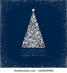 Merry xmas & and A Happy New Year congrats. Dark blue square congratulation logotype metallic glowing dust template design, abstract isolated 3d graphic shiny snowy frame. Calender noise art elements.