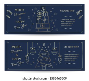 Merry Xmas and Happy New Year party banners design template with Christmas tree, decorations, bunch of gifts and sleigh, vector illustration 