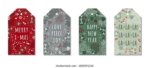 Merry X-mas, Happy New Year, fa la la phrases on the christmas colored ornate background with spruce twigs, snowflakes, white mistletoe and red rowan berries. EPS 10 vector tag design.