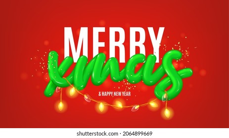 Merry Xmas and Happy New Year card. Christmas festive banner with realistic plastic 3d lettering, confetti, burning garland, effect bokeh. Christmas greeting banner. Holiday vector illustration.