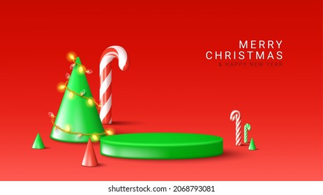 Merry Xmas and Happy New Year banner. Christmas banner with realistic plastic 3d candy canes, cone trees, podium and sparkling garland. Xmas greeting background. Holiday vector illustration.