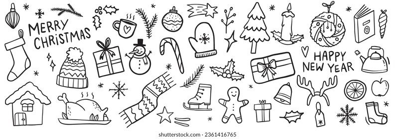 Merry Xmas and a happy new year doodle set. Cosy December winter collection for the holidays.
