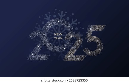 Feliz Natal, Feliz Ano Novo design moderno com número brilhante brilhante brilhante brilhante brilhante 2025 em cores de ouro prata e belo floco de neve no fundo azul noite. Modelo de luxo para cartão, cartaz, capa, banner, anúncios