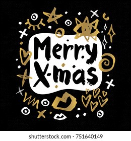 Merry X-Mas Happy New Year sketch style Christmas quote lettering Typography greeting card Gold black white doodles trendy elements. Hand drawn vector illustration.