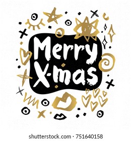 Merry X-Mas Happy New Year sketch style Christmas quote lettering Typography greeting card Gold black white doodles trendy elements. Hand drawn vector illustration.