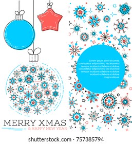 Merry xmas and happy new year greeting card. Winter holidays congratulation banner with christmas ball and snowflakes in trendy linear style. Christmas postcard, creative vector illustration.
