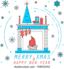 Merry xmas and happy new year greeting card. Winter seasonal holidays congratulation banner with christmas tree and gift boxes on fireplace in linear style. Christmas postcard vector illustration.