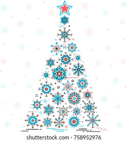 Merry xmas and happy new year greeting card. Winter holidays congratulation banner with christmas tree and snowflakes in trendy linear style. Christmas postcard, creative vector illustration.