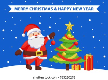 Merry Xmas and Happy New Year poster with Santa Claus decorating tree by color ball. Christmas Father and winter holiday symbol vector illustration