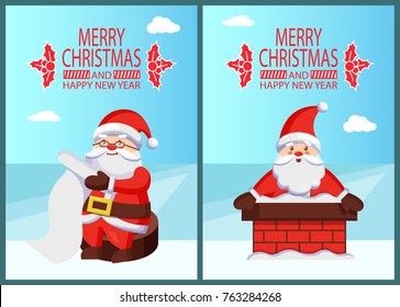 Merry Xmas and Happy New Year postcard Santa Claus reading wishlist sitting on wooden stump, Father Christmas in chimney pipe vector poster on snow