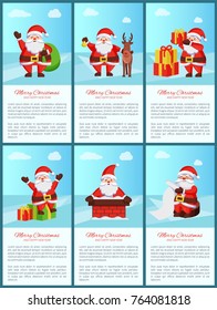 Merry Xmas and Happy New Year poster Santa Claus and presents, deer animal, chimney pipe, wish list scroll, daily activities of winter character