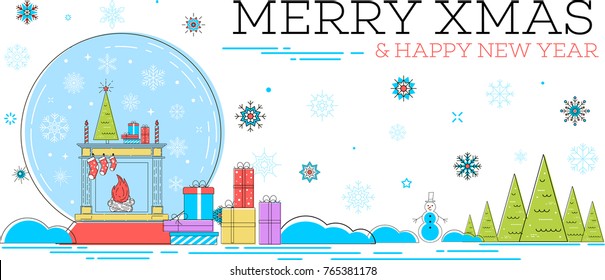 Merry xmas and happy new year greeting card. Winter holidays congratulation banner with fireplace and gift boxes in trendy linear style. Christmas postcard, creative vector illustration.
