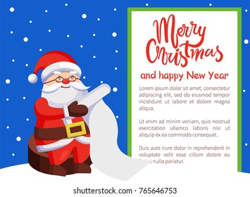 Merry Xmas and Happy New Year postcard Santa Claus reading wishlist sitting on wooden stump, Father Christmas with paper scroll vector poster on snow