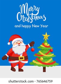 Merry Xmas and Happy New Year poster with Santa Claus decorating tree by color ball. Christmas Father and winter holiday symbol vector illustration