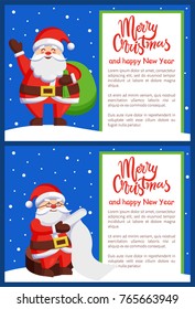 Merry Xmas and Happy New Year postcard Santa Claus reading wishlist sitting on wooden stump, Father Christmas with bag wave hand vector poster on snow