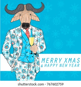 Merry xmas and happy new year greeting card. Winter holidays congratulation banner with bull in suit with glass of champagne. Christmas postcard, creative vector illustration.