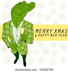 Merry xmas and happy new year greeting card. Winter holidays congratulation banner with alligator in suit with glass of champagne. Christmas postcard, creative vector illustration.