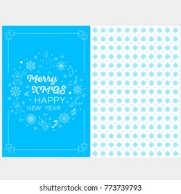 Merry xmas and happy new year greeting card. Winter holidays congratulation banner in trendy linear style. Christmas postcard, creative decoration vector illustration.