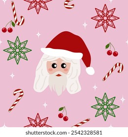 Merry Xmas Hohoho. Dear, Santa give us more Sweet and Happiness. Christmas Pattern Seamless Vector. A man with Long White Hair and Beard with Red Santa Hat. Cookies Candies Cherries Decoration on pink