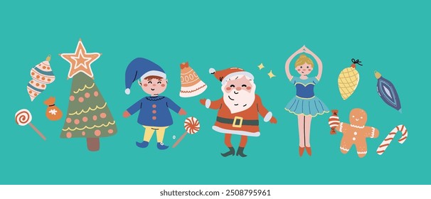 Merry xmas horizontal banner design with cartoon flat santa, snowman and animals. Cute childrens characters with gifts and candy canes. Hand drawn Christmas Festive elements background. Happy Holidays