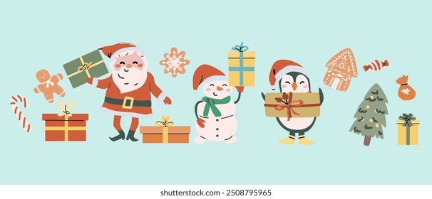 Merry xmas horizontal banner design with cartoon flat santa, snowman and animals. Cute childrens characters with gifts and candy canes. Hand drawn Christmas Festive elements background. Happy Holidays