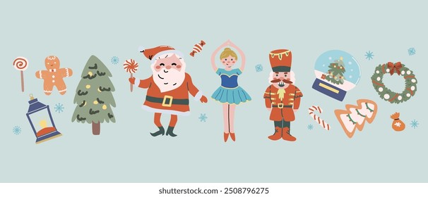 Merry xmas horizontal banner design with cartoon flat santa, snowman and animals. Cute childrens characters with gifts and candy canes. Hand drawn Christmas Festive elements background. Happy Holidays