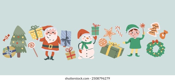 Merry xmas horizontal banner design with cartoon flat santa, snowman and animals. Cute childrens characters with gifts and candy canes. Hand drawn Christmas Festive elements background. Happy Holidays