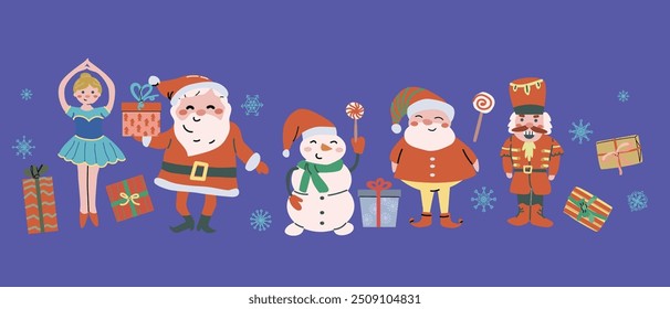 Merry xmas horizontal banner design with cartoon flat santa, snowman and animals. Cute childrens characters with gifts and candy canes. Hand drawn Christmas Festive elements background. Happy Holidays