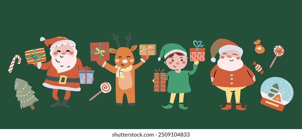 Merry xmas horizontal banner design with cartoon flat santa, snowman and animals. Cute childrens characters with gifts and candy canes. Hand drawn Christmas Festive elements background. Happy Holidays