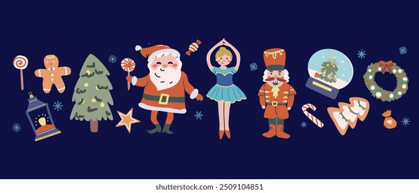 Merry xmas horizontal banner design with cartoon flat santa, snowman and animals. Cute childrens characters with gifts and candy canes. Hand drawn Christmas Festive elements background. Happy Holidays