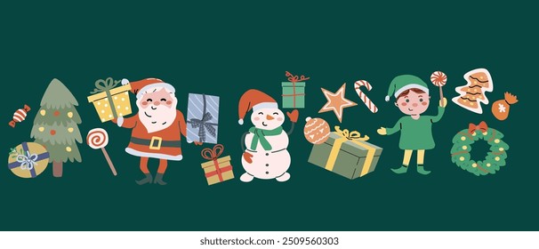 Merry xmas horizontal banner design with cartoon flat santa, snowman and animals. Cute childrens characters with gifts and candy canes. Hand drawn Christmas Festive elements background. Happy Holidays