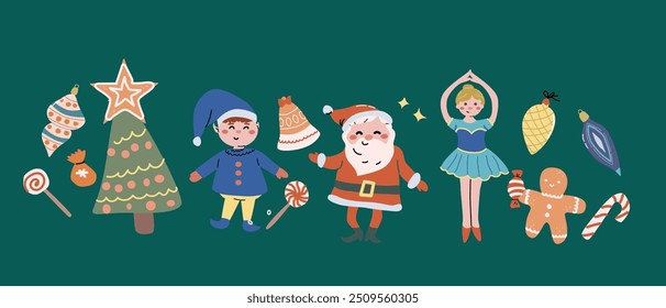 Merry xmas horizontal banner design with cartoon flat santa, snowman and animals. Cute childrens characters with gifts and candy canes. Hand drawn Christmas Festive elements background. Happy Holidays